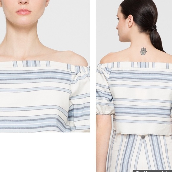 Lemlem Halima Crop Top Striped Off The Shoulder Linen/Cotton Off White/Blue SZ M - Picture 3 of 16